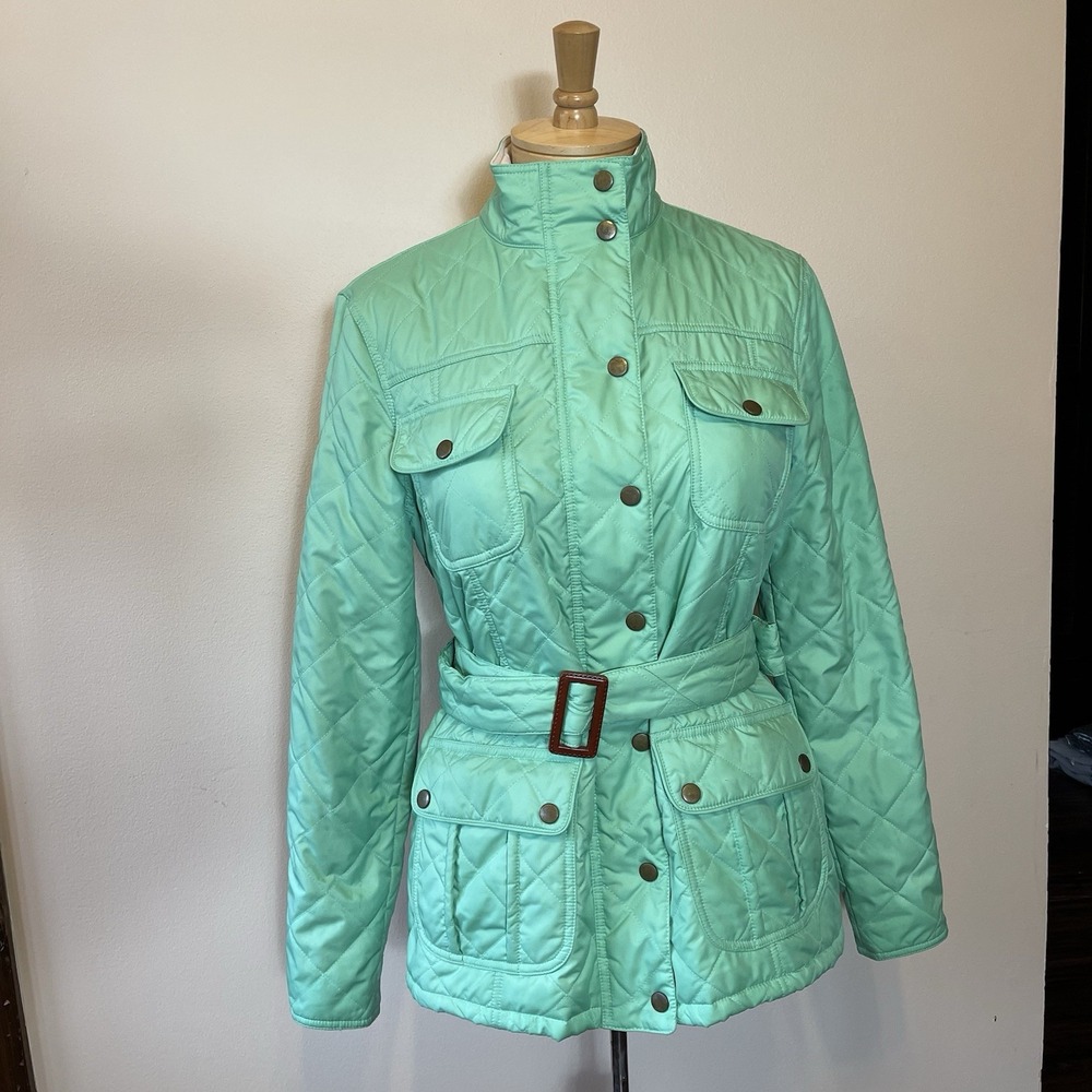 J. McLaughlin Women's Green Coat Size S Belted Puffy‎ Lined Pockets Zip Snaps
